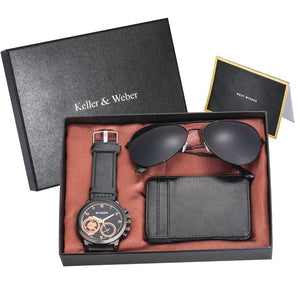 Luxury Rose Gold Men's Watch Leather Card Credit Holder Wallet Fashion Sunglasses Sets for Men Unique Gift for Boyfriend Husband - Watch Galaxy lk