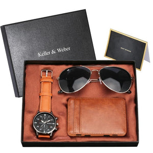 Luxury Rose Gold Men's Watch Leather Card Credit Holder Wallet Fashion Sunglasses Sets for Men Unique Gift for Boyfriend Husband - Watch Galaxy lk