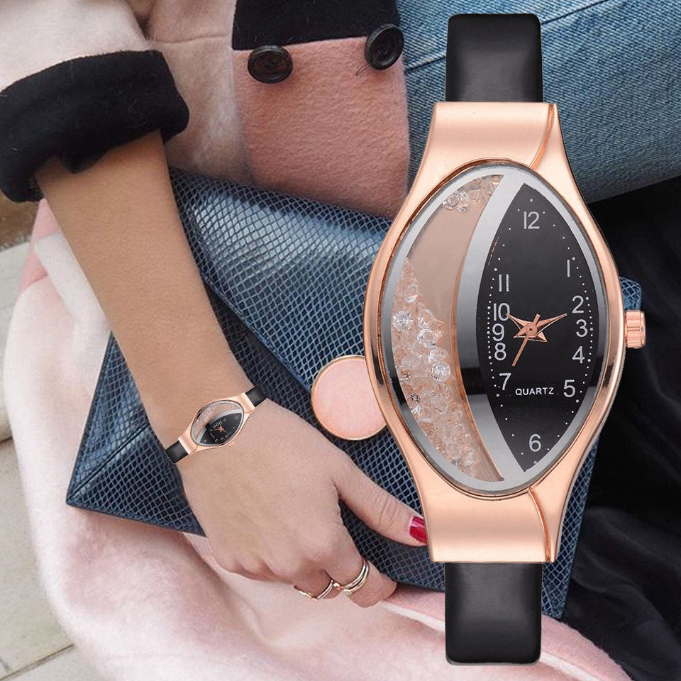 Women Fashion Luxury Watch Leather Strap Women Bracelet Clock Ellipse Rhinestone PU Sport Quartz Watch Wrist Watches For Women - Watch Galaxy lk