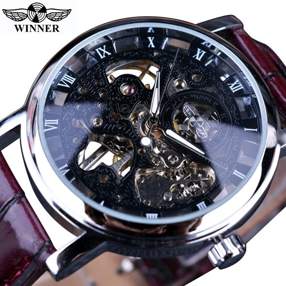 Winner Transparent Golden Case Luxury Casual Design Brown Leather Strap Mens Watches Top Brand Luxury Mechanical Skeleton Watch - Watch Galaxy lk