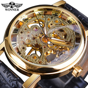 Winner Transparent Golden Case Luxury Casual Design Brown Leather Strap Mens Watches Top Brand Luxury Mechanical Skeleton Watch - Watch Galaxy lk