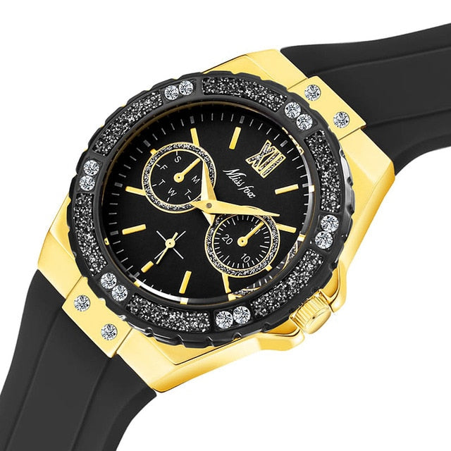 MISSFOX Women's Watches Chronograph Rose Gold Sport Watch Ladies Diamond Blue Rubber Band Xfcs Analog Female Quartz Wristwatch - Watch Galaxy lk