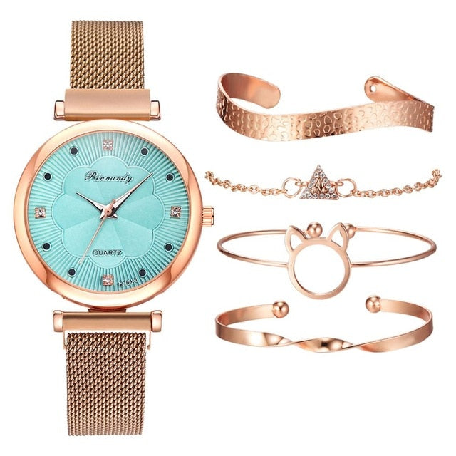 Fashion 5pcs Set Women Watches Luxury Magnet Buckle Flower Rhinestone Watch Ladies Quartz Wrist Watch Bracelet Set Reloj Mujer - Watch Galaxy lk