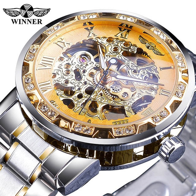 Winner Transparent Fashion Diamond Luminous Gear Movement Royal Design Men Top Brand Luxury Male Mechanical Skeleton Wrist Watch - Watch Galaxy lk