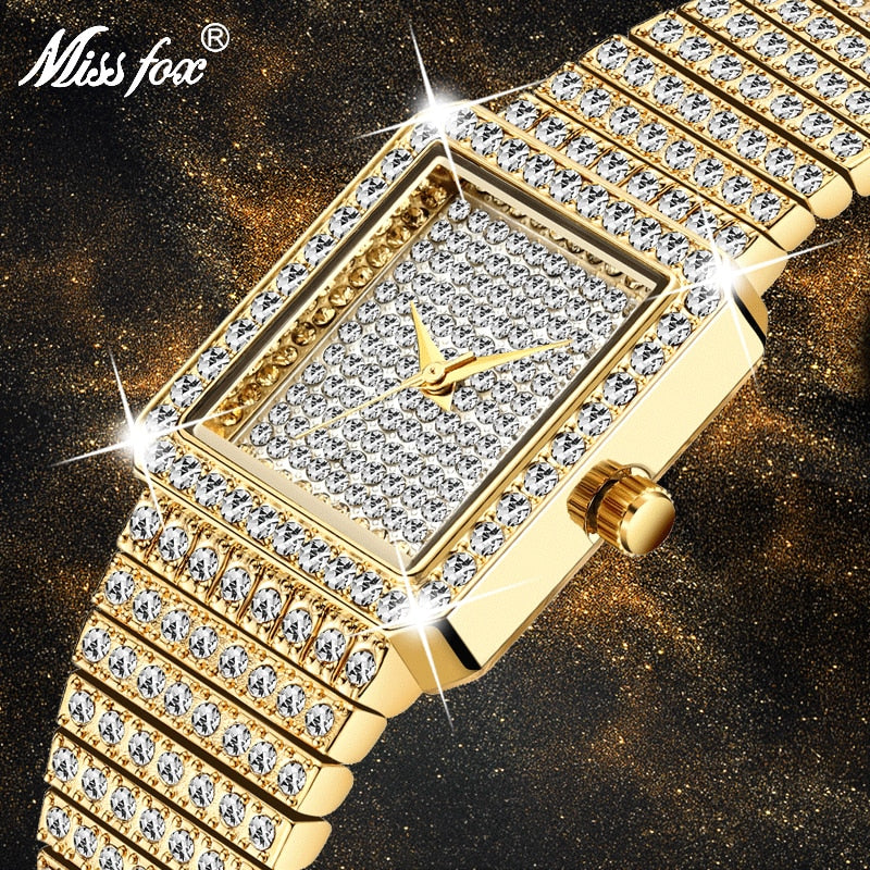 MISSFOX Diamond Watch For Women Luxury Brand Ladies Gold Square Watch Minimalist Analog Quartz Movt Unique Female Iced Out Watch - Watch Galaxy lk