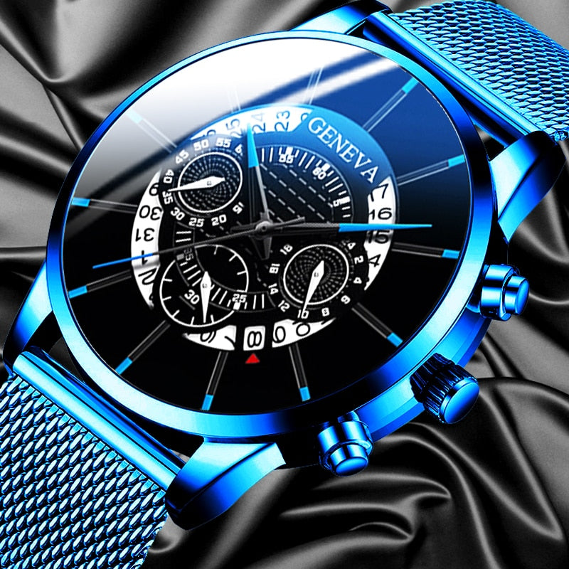 Luxury Men's Fashion Business Calendar Watches Blue Stainless Steel Mesh Belt Analog Quartz Watch relogio masculino - Watch Galaxy lk