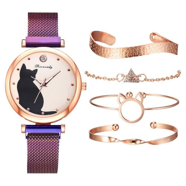 Dropshipping 5pcs/set Women Watches Rose Gold Bracelet Set Cat Pattern Black Magnet Watch Ladies Wrist Watches Quartz Clock - Watch Galaxy lk