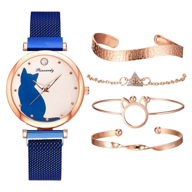 Dropshipping 5pcs/set Women Watches Rose Gold Bracelet Set Cat Pattern Black Magnet Watch Ladies Wrist Watches Quartz Clock - Watch Galaxy lk
