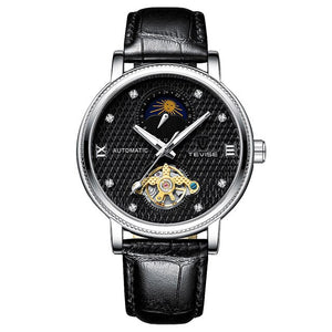 TEVISE Mens Automatic Mechanical Watch Silver Tone Case Vintage Leather Dress Watch - Watch Galaxy lk